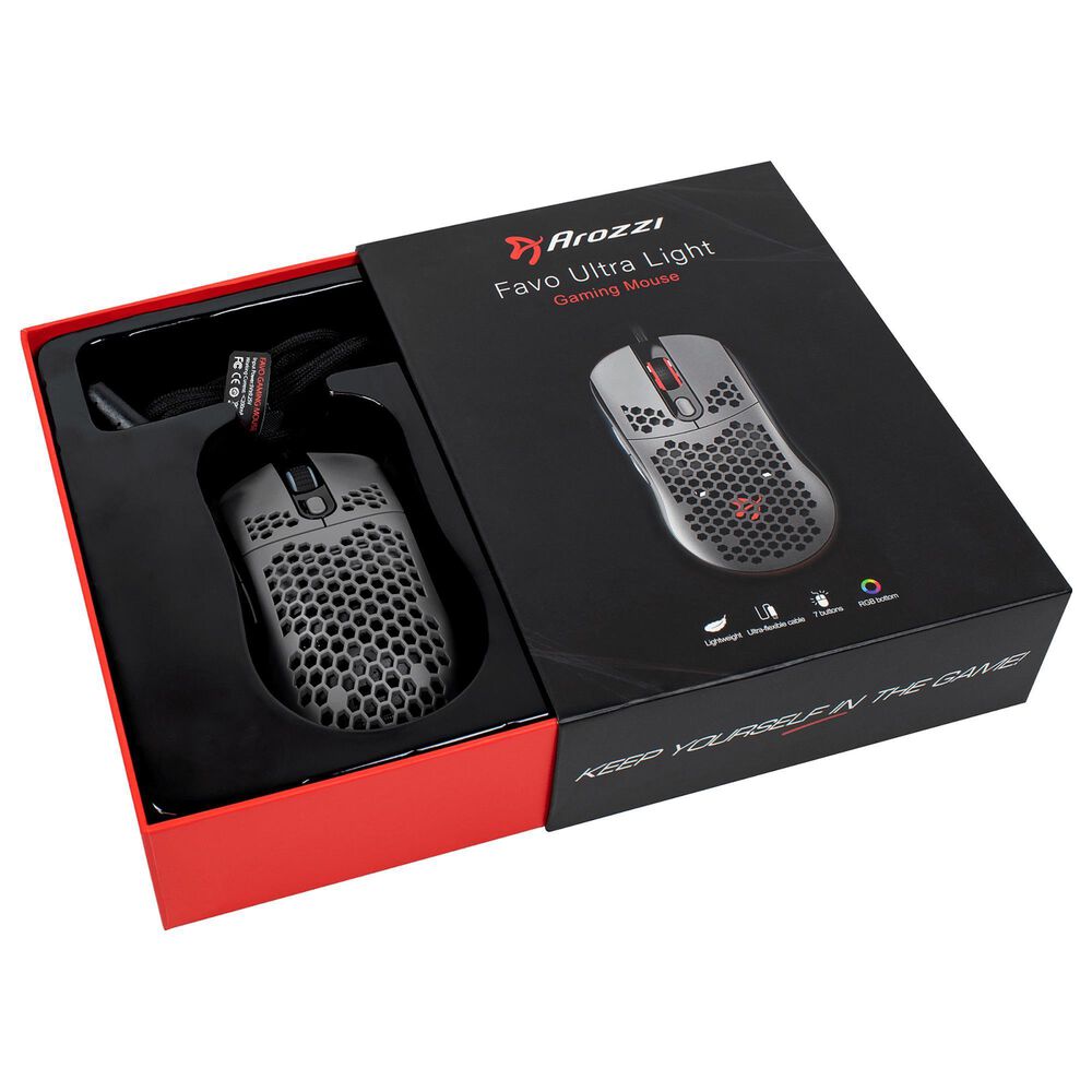 Arozzi Favo Ultra Lightweight Customizable RGB Gaming Mouse with Honeycomb Pattern, Pixart 3389 Sensor, and Omron 20M Switches - Grey, , large