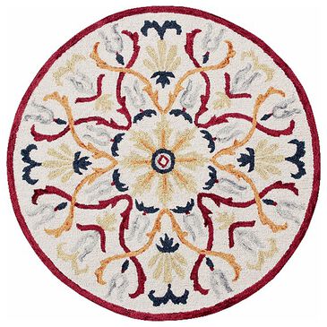 L&R Resources Sinuous Electric Floral Medallion 6" Round Red, Yellow, Cream and Navy Area Rug, , large
