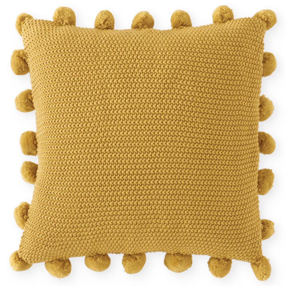 K & K Interiors 20" Square Throw Pillow with Pompom Trim in Yellow, , large