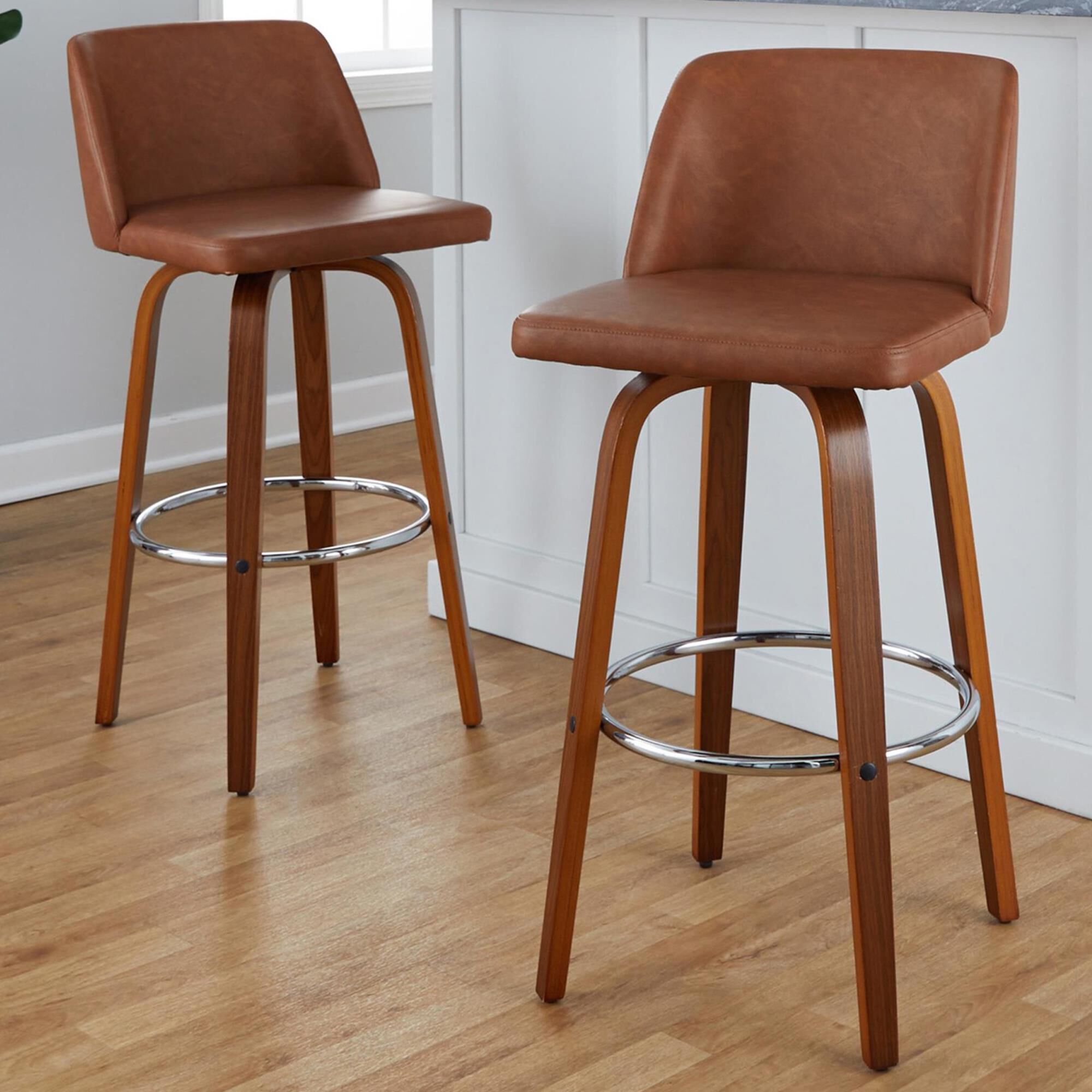 LumiSource Toriano Swivel Bar Stool with Camel Faux Leather