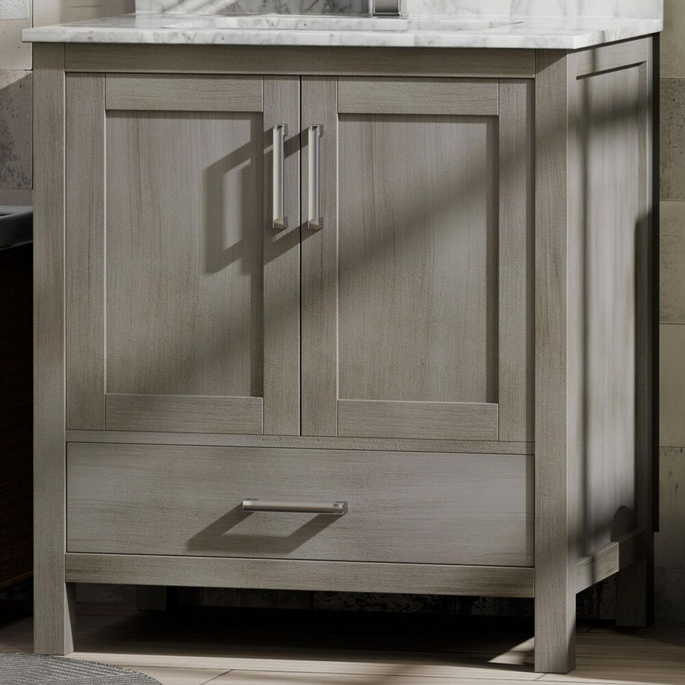 Lexora Home Jacques 30" Single Bathroom Vanity in Distressed Grey with 2 cm White Carrara Marble Top and Rectangular Sink, , large