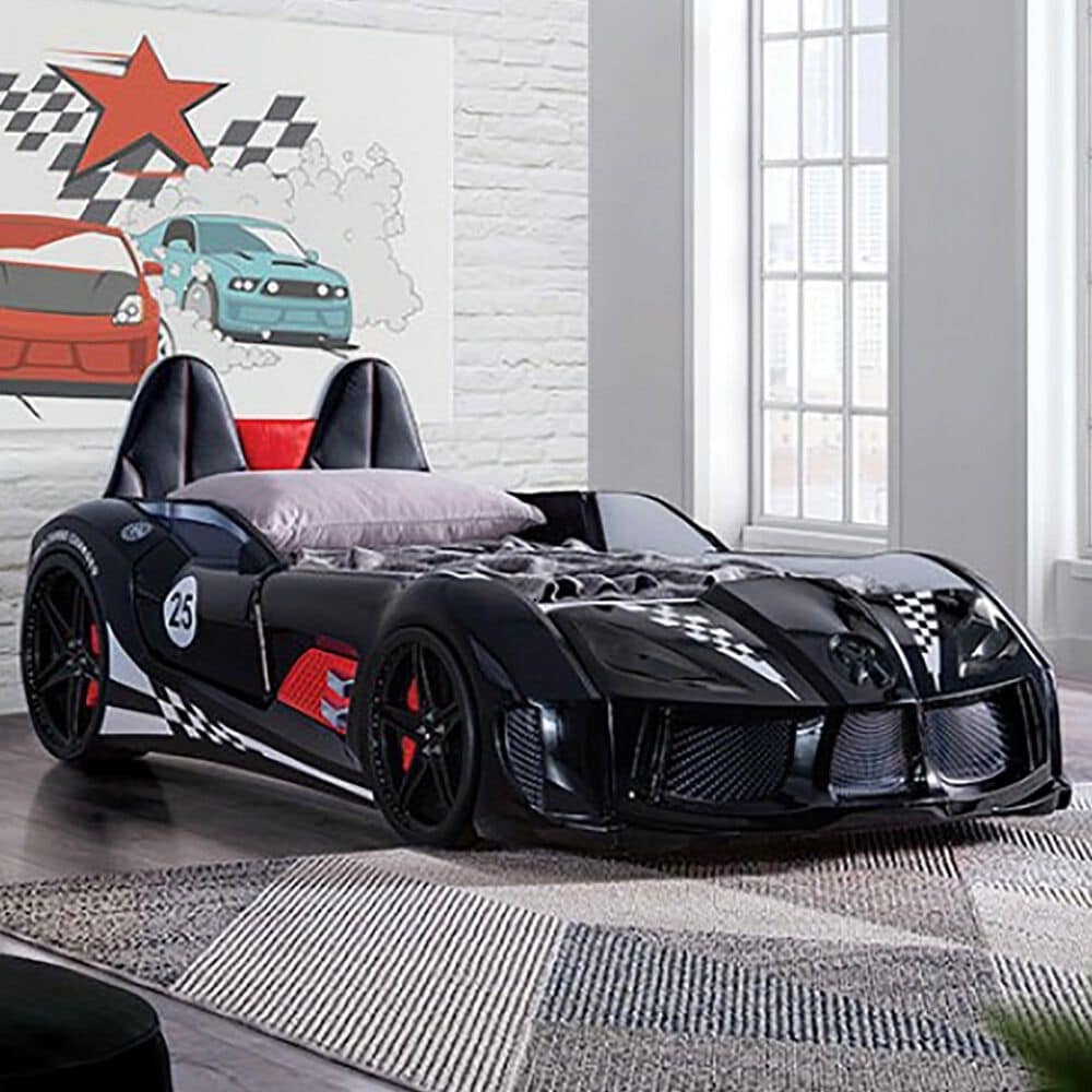 Furniture of America Trackster Twin Racecar Bed in Shiny Black, , large