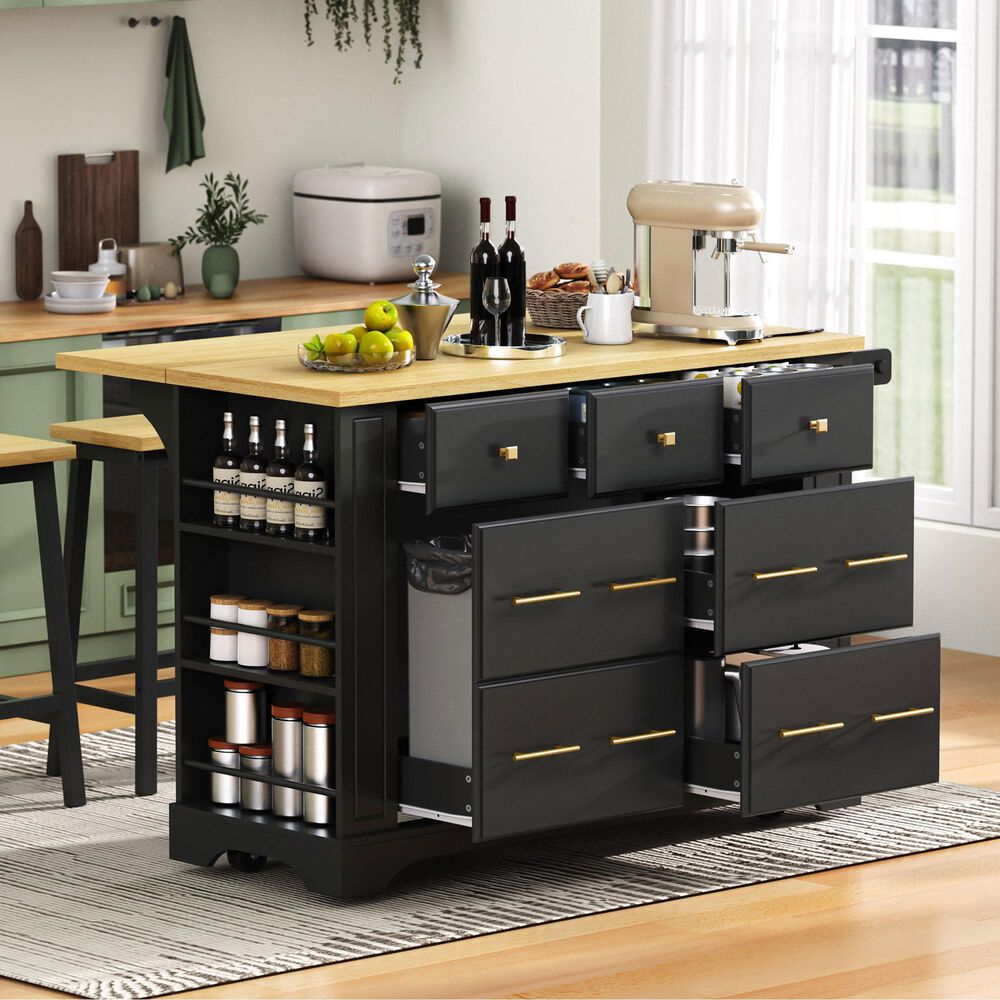 HOMLUX 51" Kitchen Island with Pull Out Trash Can Storage in Black, , large