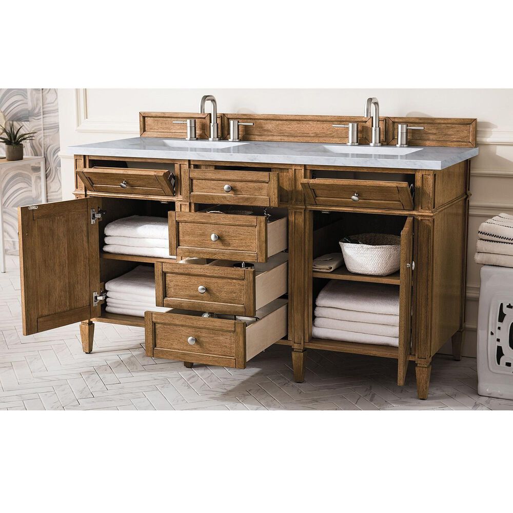 James Martin Vanities Brittany 60&quot; Double Bathroom Vanity in Saddle Brown with 3 cm Arctic Fall Solid Surface Top and Rectangular Sinks, , large
