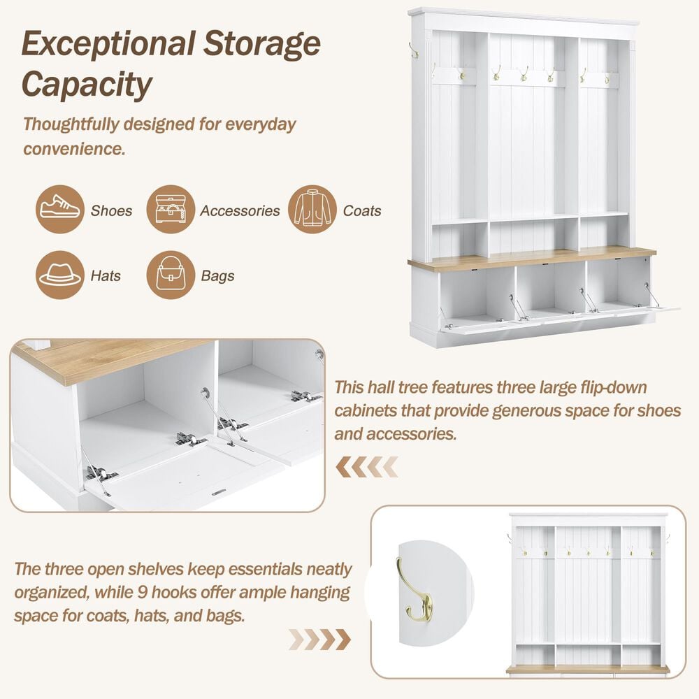 HOMLUX 9-Hook Hall Tree with 3-Cabinet in White and Natural, , large