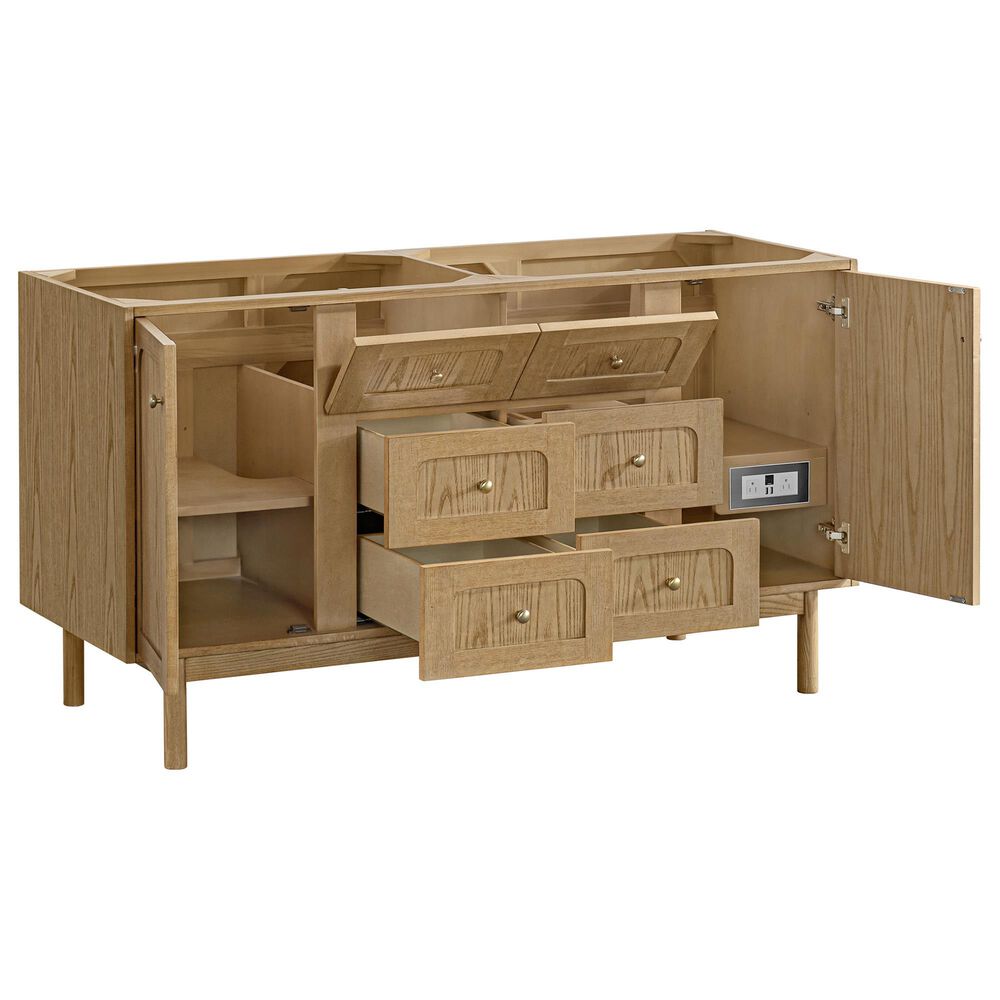 James Martin Vanities Laurent 60" Double Bathroom Vanity in Light Natural Oak with 3 cm Ethereal Noctis Silestone Top, Rectangular Sinks and FreePower Wireless Charger, , large