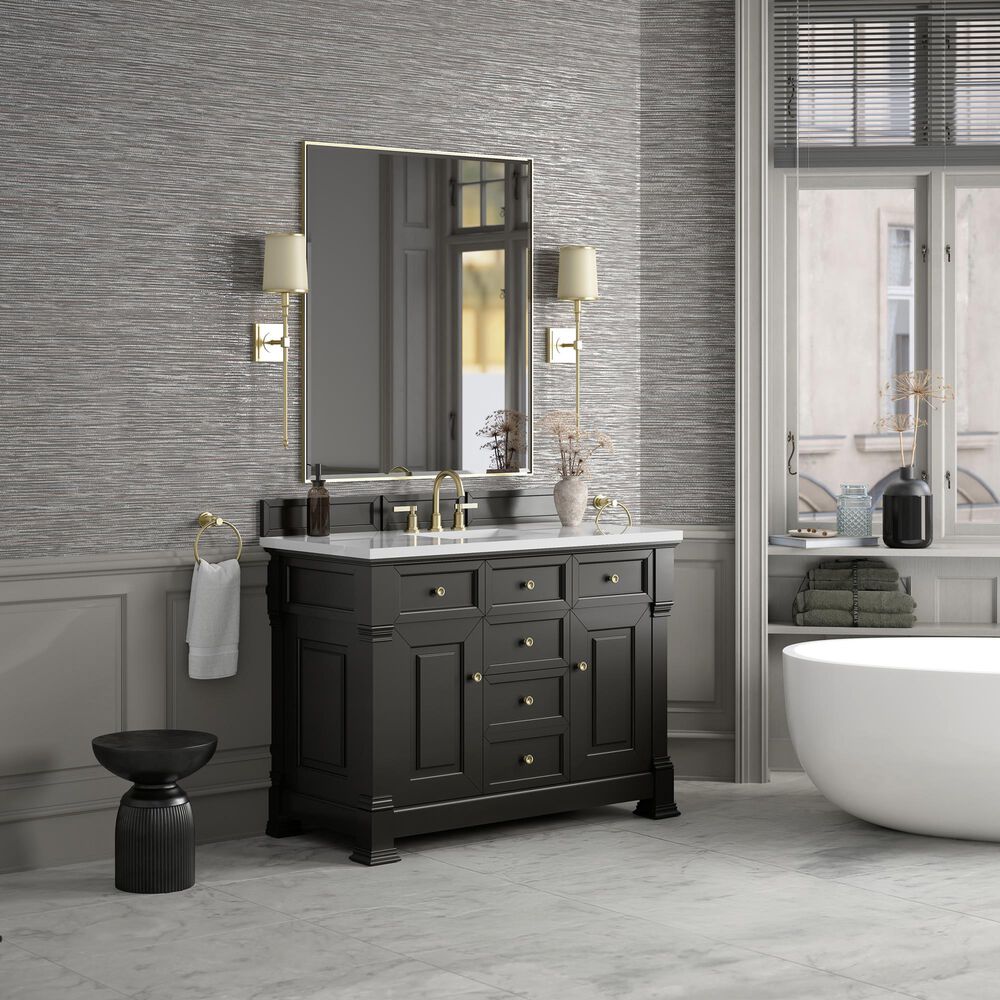 James Martin Vanities Brookfield 48" Single Bathroom Vanity in Black Onyx with 3 cm White Zeus Quartz Top and Rectangular Sink, , large