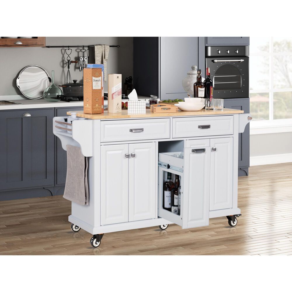 HOMLUX Kitchen Island with Rubber wood Countertop in White, , large