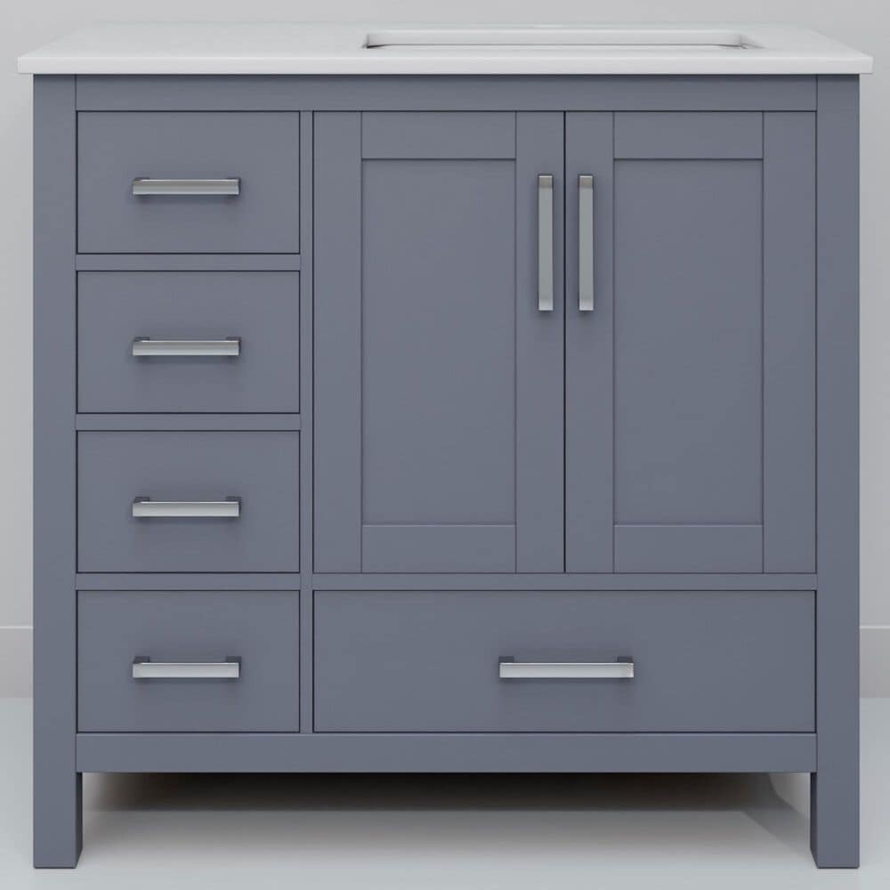 Lexora Home Jacques 36" Right Offset Single Bathroom Vanity in Dark Grey with 2 cm White Quartz Top and Rectangular Sink, , large