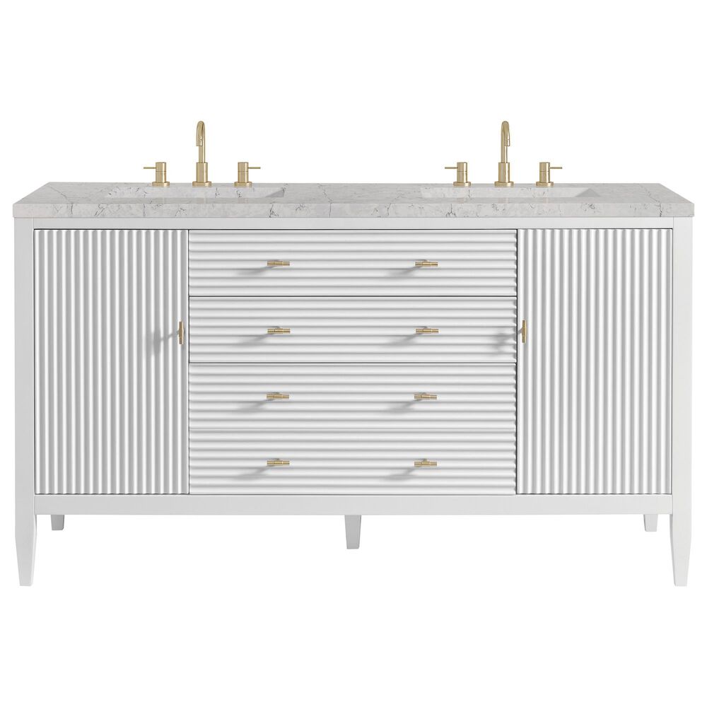 James Martin Vanities Myrrin 60&quot; Double Vanity in Bright White with 3 cm Eternal Jasmine Pearl Quartz Top, , large