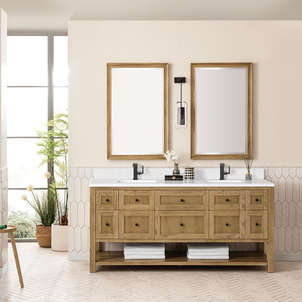 James Martin Vanities Breckenridge 72&quot; Double Bathroom Vanity in Light Natural Oak with Single Hole 3 cm White Zeus Quartz Top and Rectangular Sinks, , large