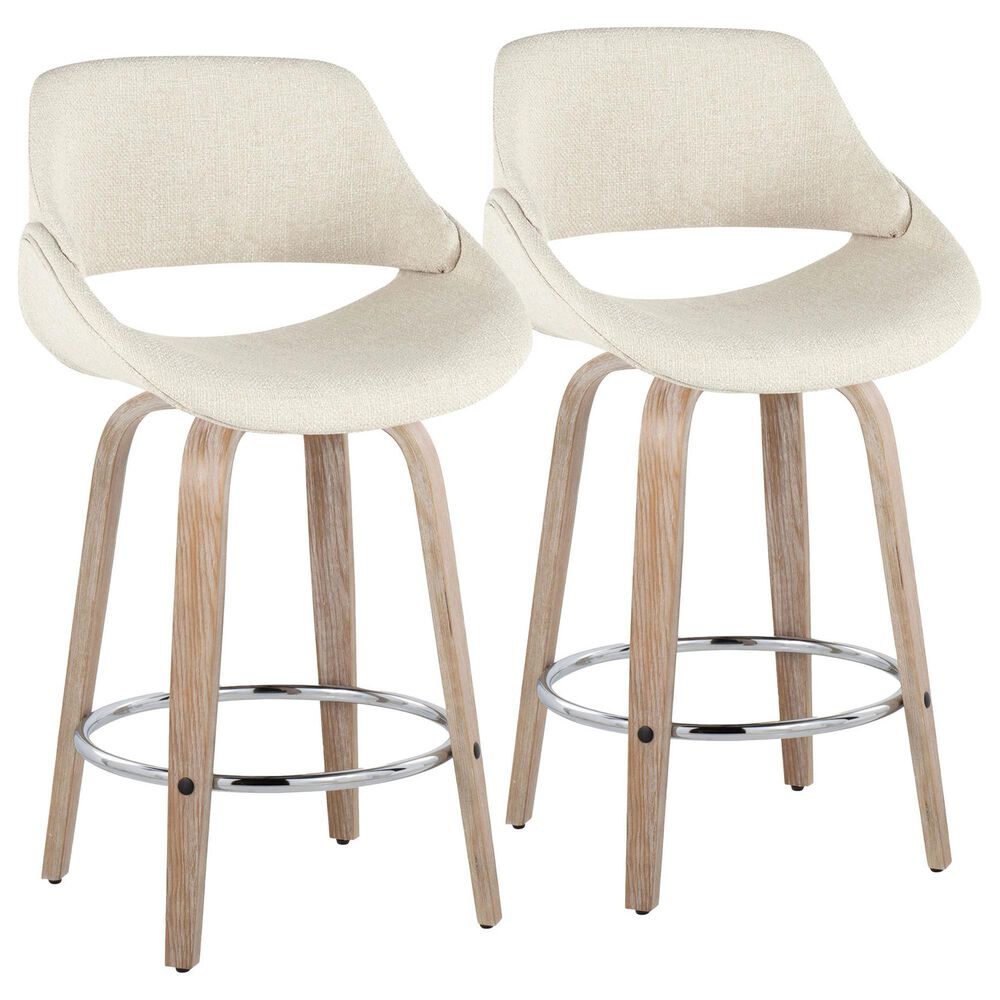 LumiSource Fabrico 26" Swivel Fixed-Height Counter Stool with Cream Noise Fabric Upholstery in Chrome and Whitewashed (Set of 2), , large