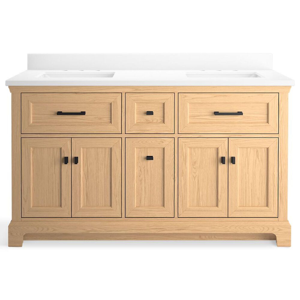 Kohler Charlemont 60&quot; Double Bathroom Vanity in Light Oak with 3 cm White Quartz Top and Rectangular Sinks, , large