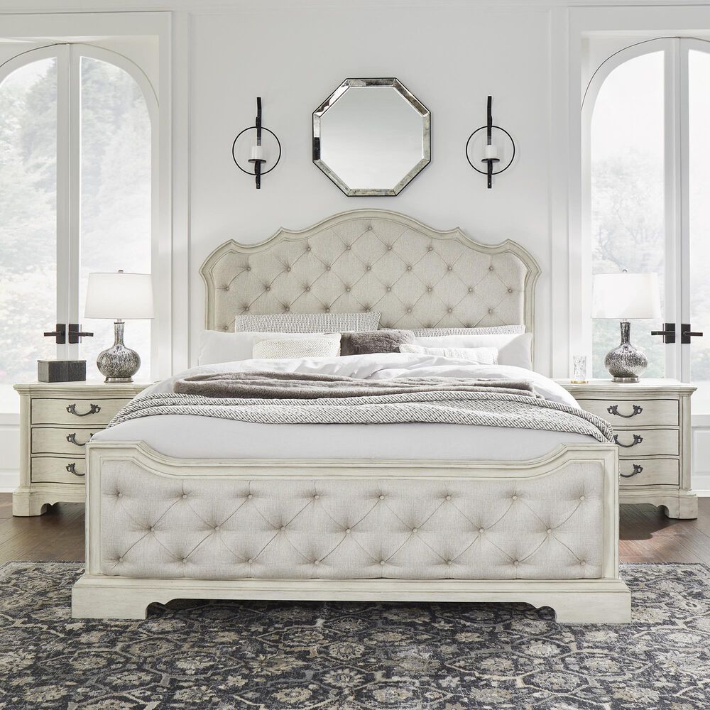Millenium Arlendyne King Upholstered Bed with 2 Nightstands in Antique White, , large