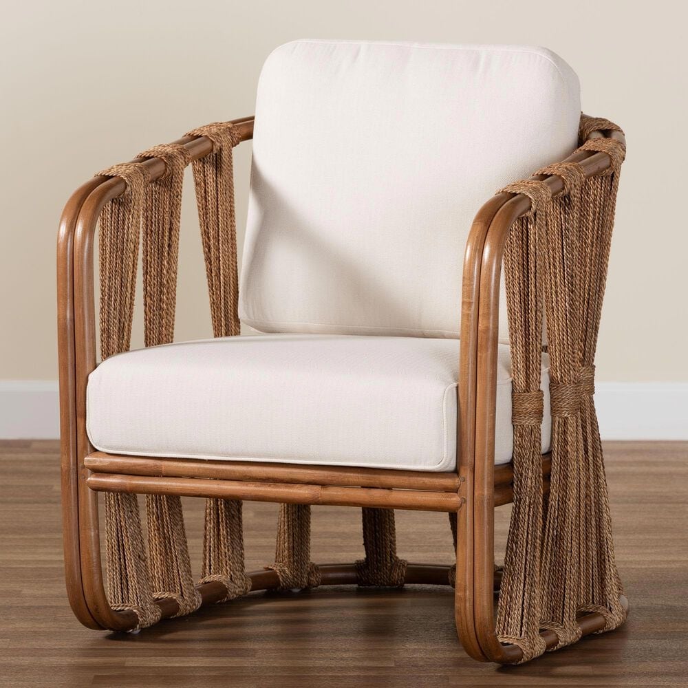 Baxton Studio Westham Arm Chair with Light Brown Rattan in White, , large
