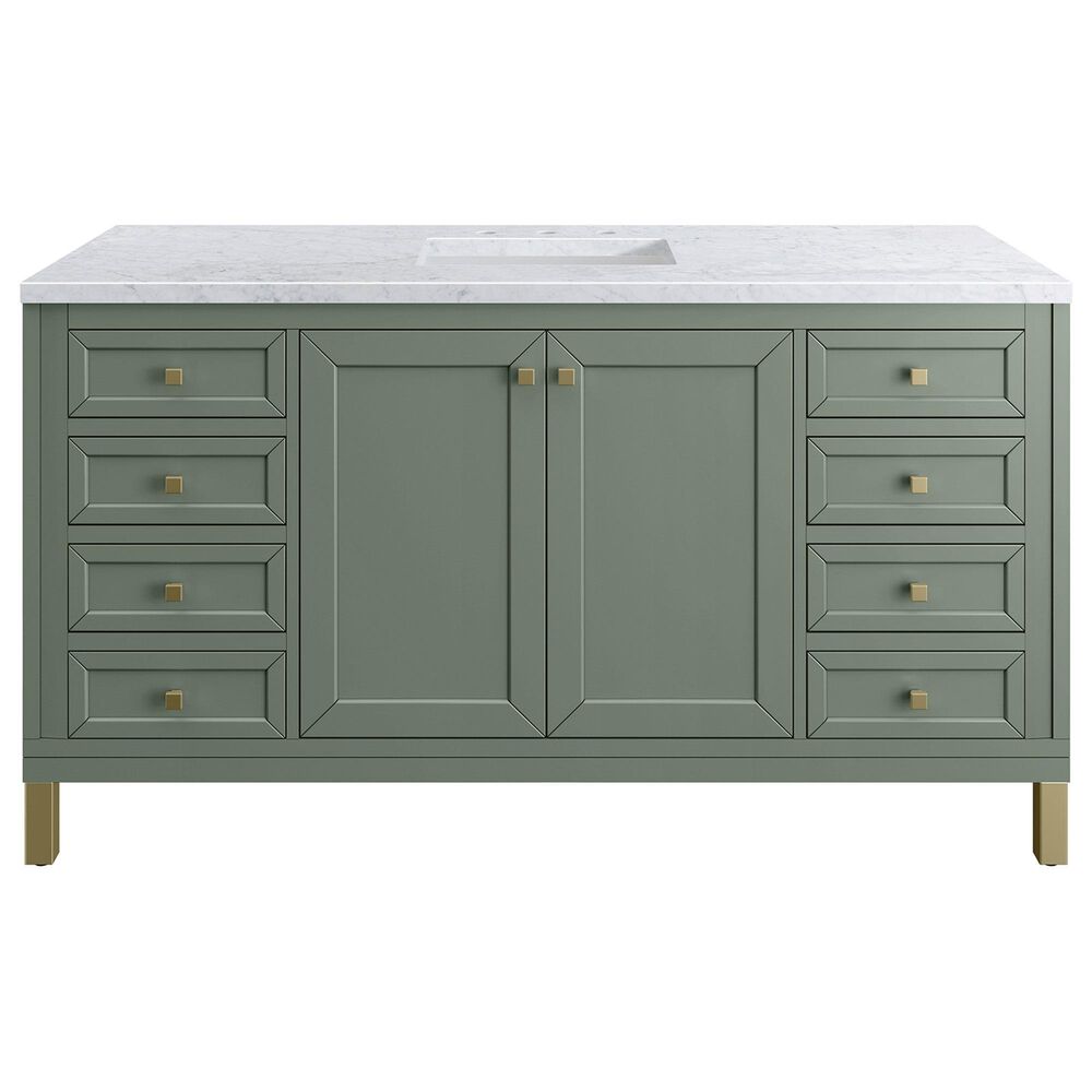 James Martin Vanities Chicago 60" Single Bathroom Vanity in Smokey Celadon with 3 cm Carrara White Marble Top and Rectangular Sink, , large