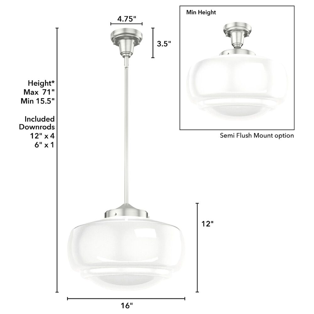 Hunter Saddle Creek 16&quot; 1-Light Pendant with White Shade in Brushed Nickel, , large