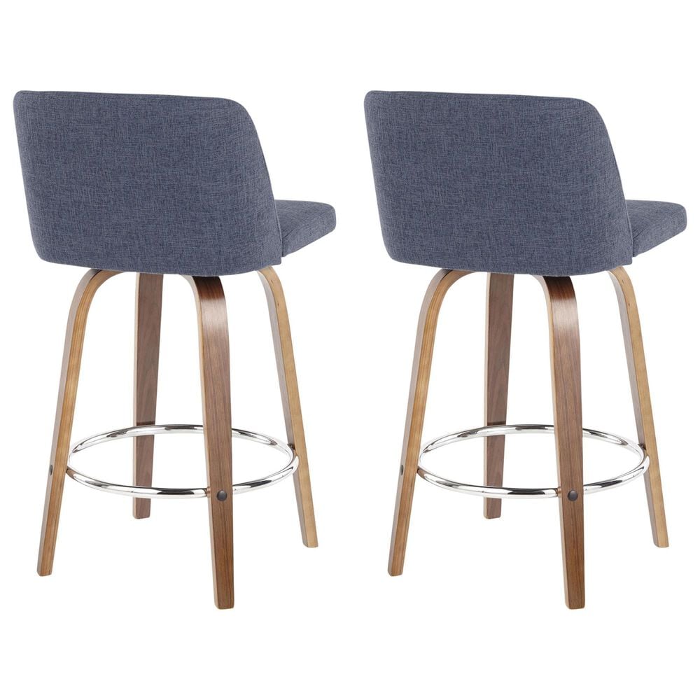 LumiSource Toriano Swivel Counter Stool with Blue Fabric Upholstery in Walnut and Chrome (Set of 2), , large