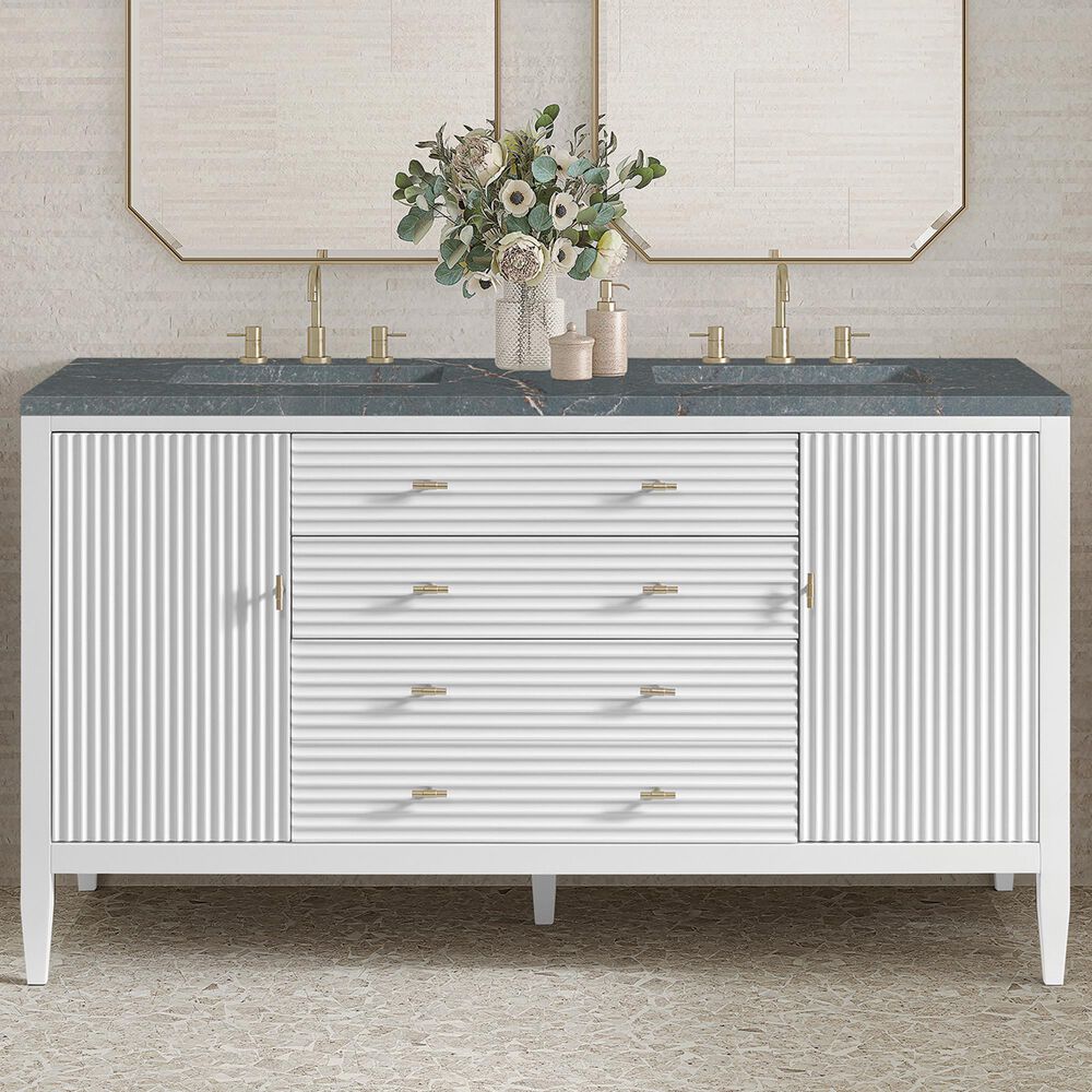 James Martin Vanities Myrrin 60&quot; Double Vanity in Bright White with 3 cm Parisien Bleu Quartz Top, , large