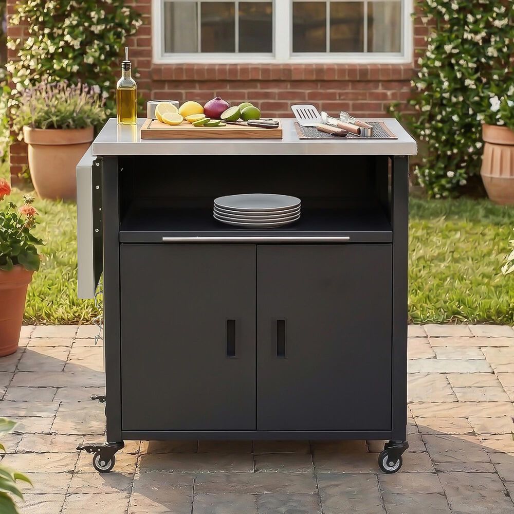 Hearth and Haven Outdoor Kitchen Island Cart with Dual Expandable Stainless Steel Tabletops in Black, , large