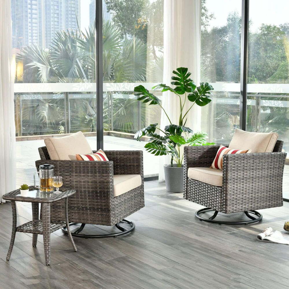 HOMLUX 3-Piece Patio Conversation Set with Square-Arm Swivel Rocking Chairs in Beige, , large