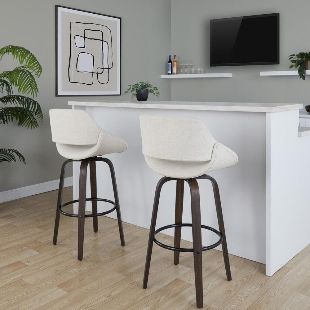 LumiSource Fabrico 30" Swivel Fixed-Height Bar Stool with Cream Noise Fabric Upholstery in Black and Glazed Walnut (Set of 2), , large