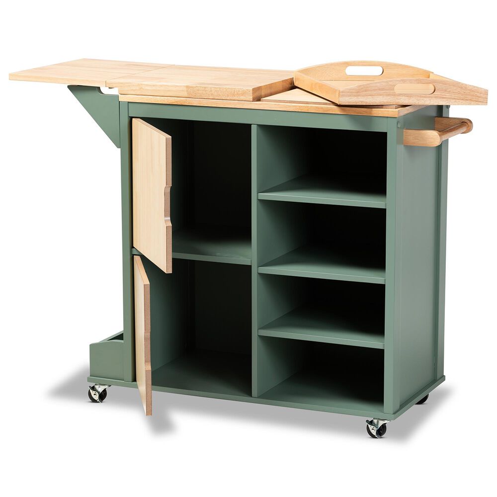 Baxton Studio Dorthy Kitchen Storage Cart in Dark Green and Natural, , large