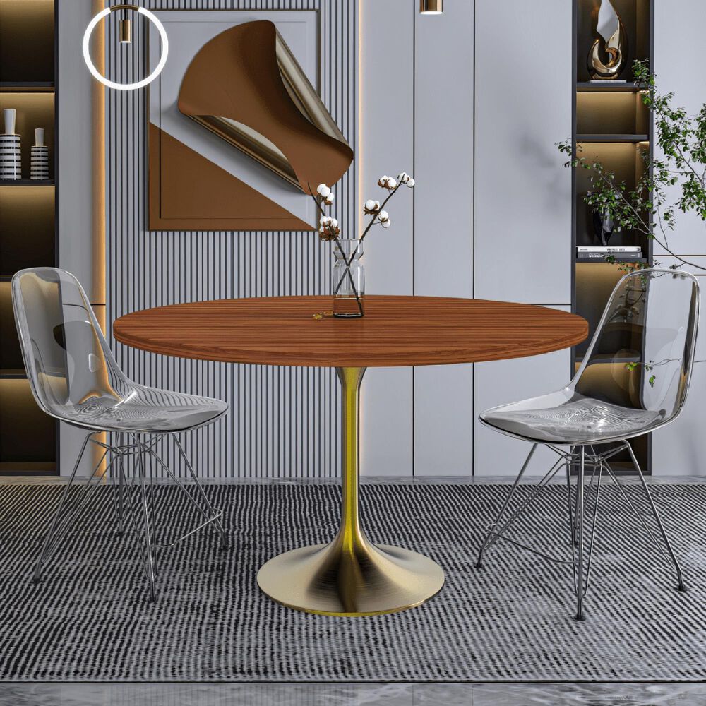 Leisuremod LeisureMod Verve Collection 48 Round Dining Table, Brushed Gold Base with Cognac Brown MDF Top, , large
