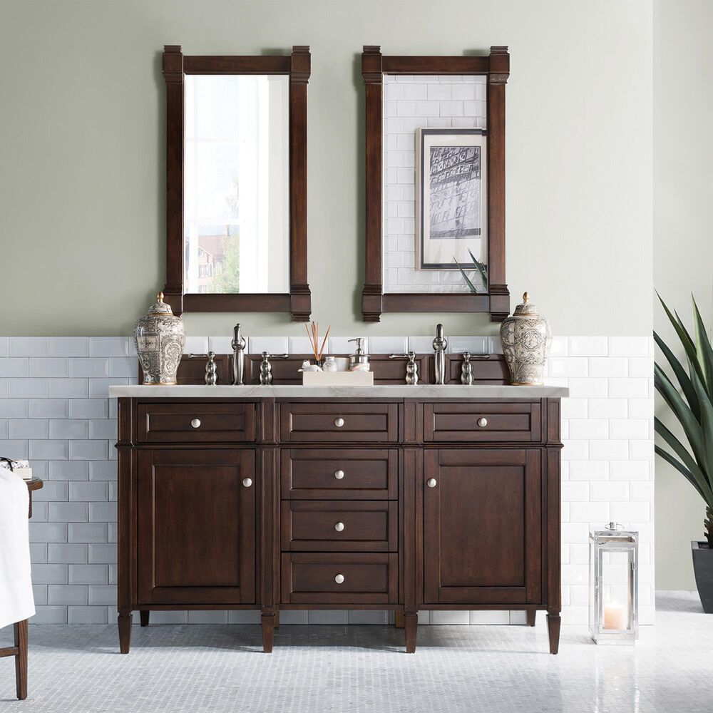 James Martin Vanities Brittany 60" Double Bathroom Vanity in Burnished Mahogany with 3 cm Eternal Jasmine Pearl Silestone Top, Rectangular Sinks and FreePower Wireless Charger, , large