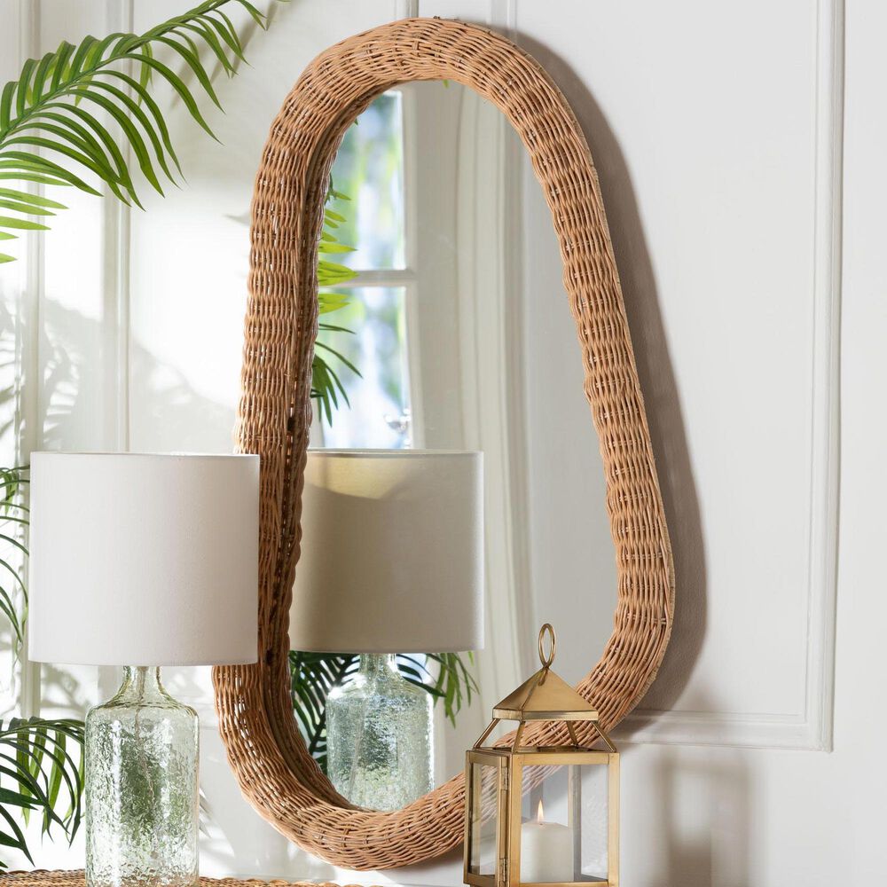 Baxton Studio Ulrica Irregular Shape Rattan Wall Mirror in Honey, , large