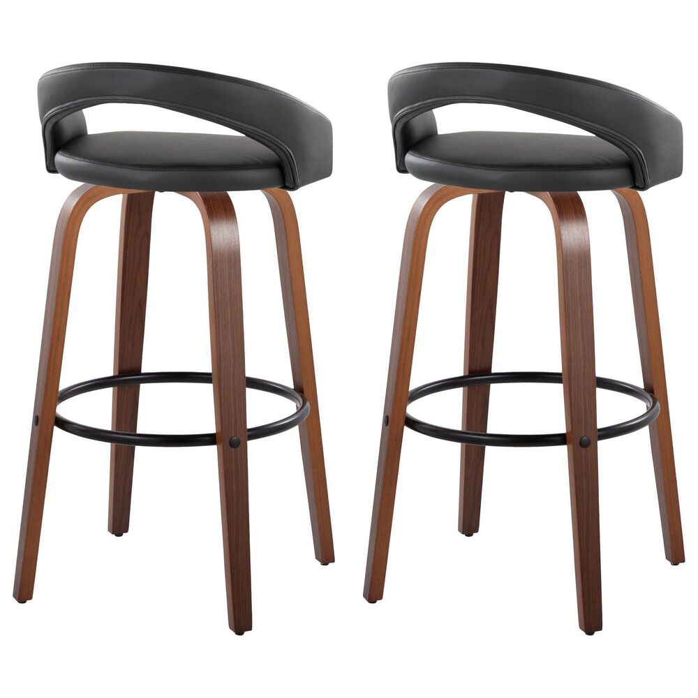 LumiSource Grotto Swivel Bar Stool with Black Faux Leather Upholstery in Walnut Wood and Black (Set of 2), , large
