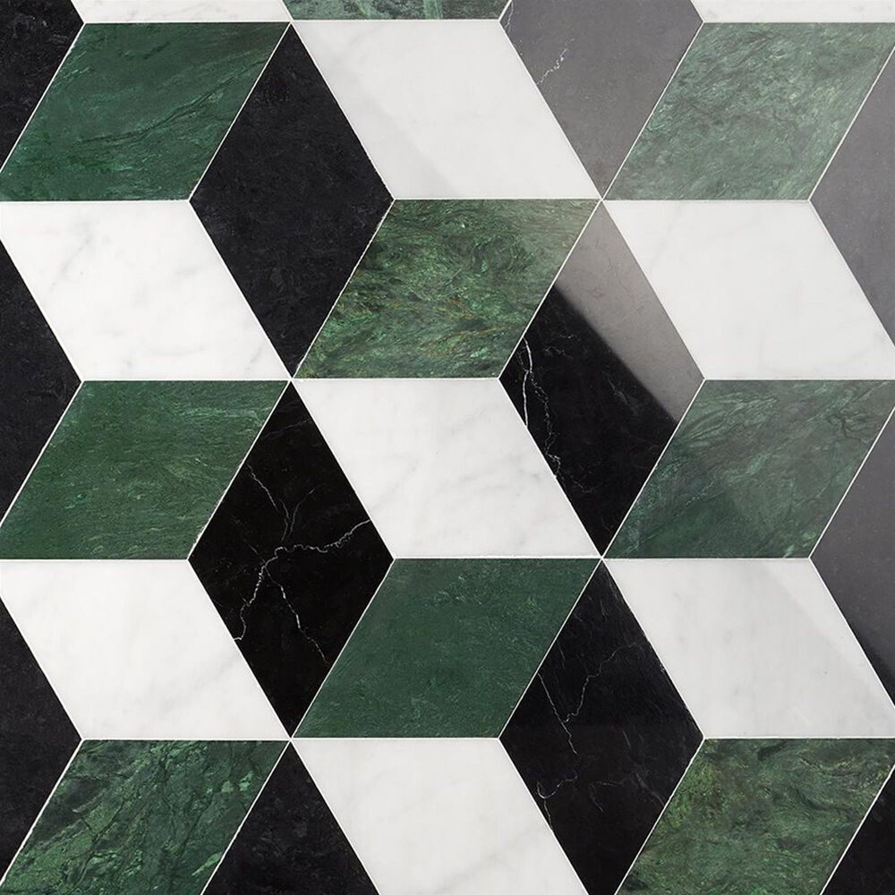 Soho Studio Pari Verde Nero, Dark Green and Carrara 8" x 9.21" Marble Mosaic Sheet, , large