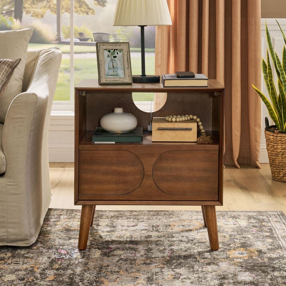 Hearth and Haven Nightstand with Charging Station USB Ports and Outlet Hole in Walnut Brown, , large