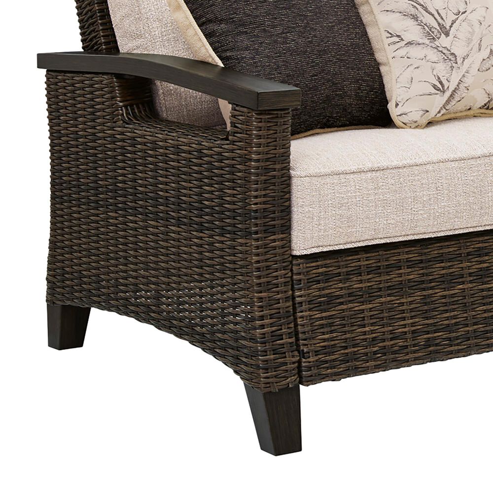 Ashley Monterey Point Stationary Sofa with Beige Cushions in Dark Brown, , large