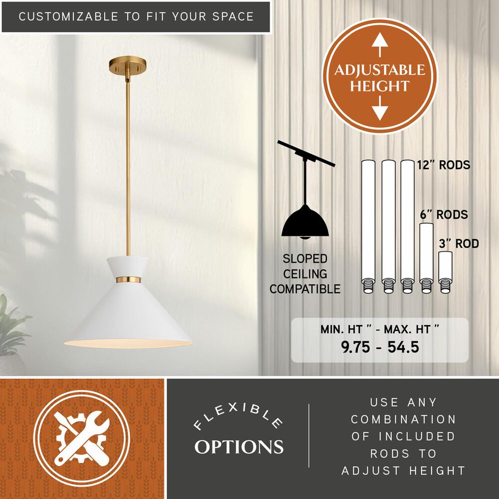 Vaxcel International Co. Ltd. Racine 1-Light Pendant in Matte White and Natural Brass, , large