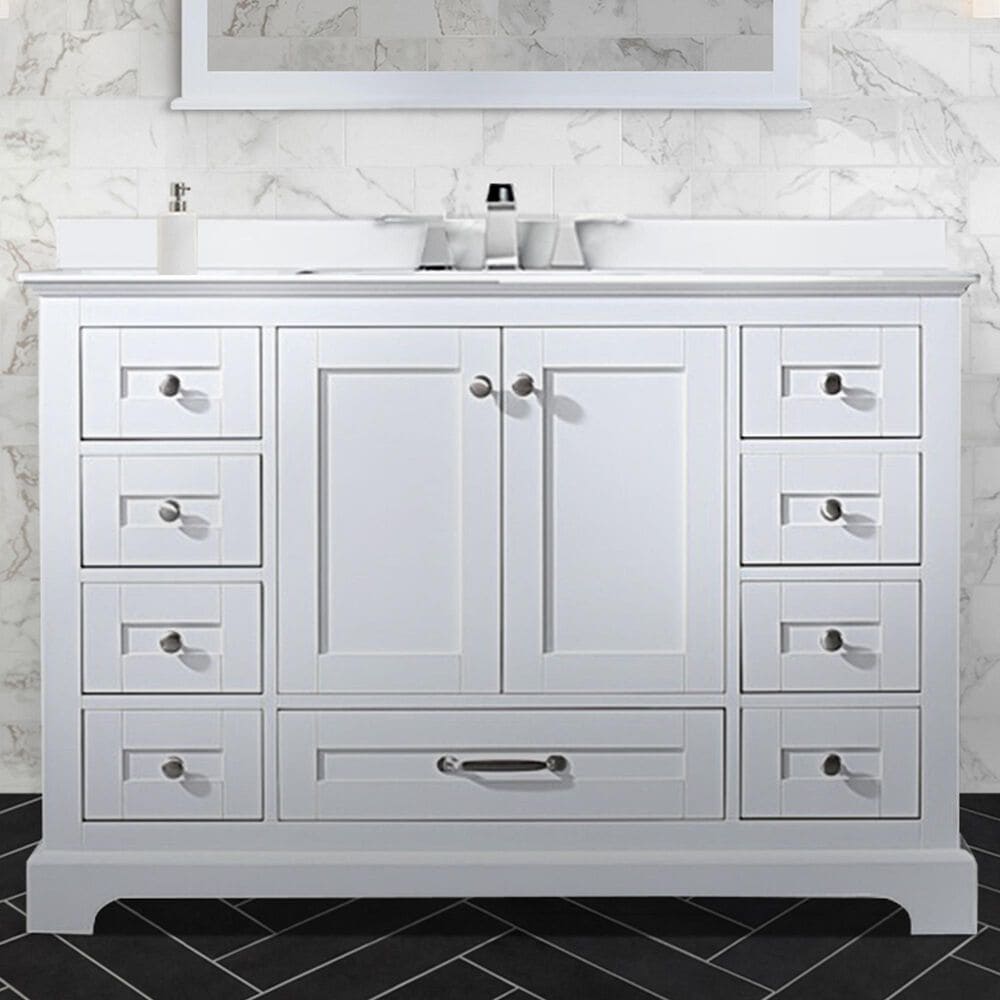 Lexora Home Dukes 48&quot; Single Bathroom Vanity in White with 2 cm White Cultured Marble Top and Rectangular Sink, , large