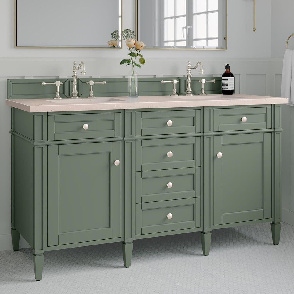 James Martin Vanities Brittany 60&quot; Double Bathroom Vanity in Smokey Celadon with 3 cm Eternal Marfil Quartz Top and Rectangular Sinks, , large