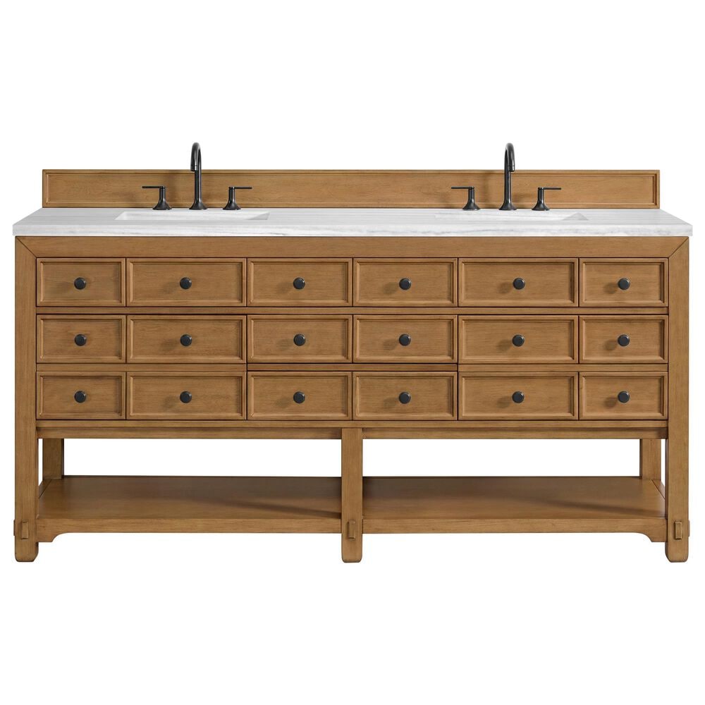 James Martin Malibu 72" Double Bathroom Vanity in Amber Birch with 3 cm Arctic Fall Solid Surface Top and Rectangular Sinks, , large
