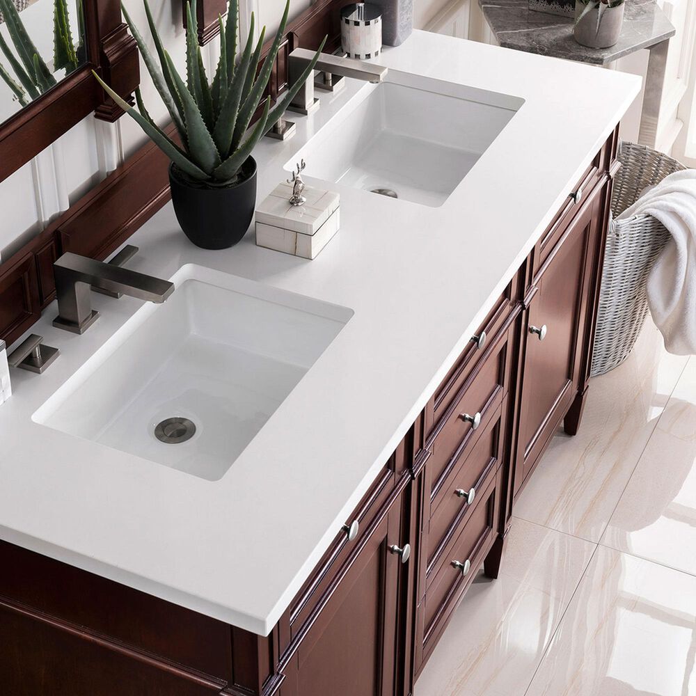 James Martin Vanities Brittany 60&quot; Double Bathroom Vanity in Burnished Mahogany with 3 cm White Zeus Quartz Top and Rectangular Sinks, , large