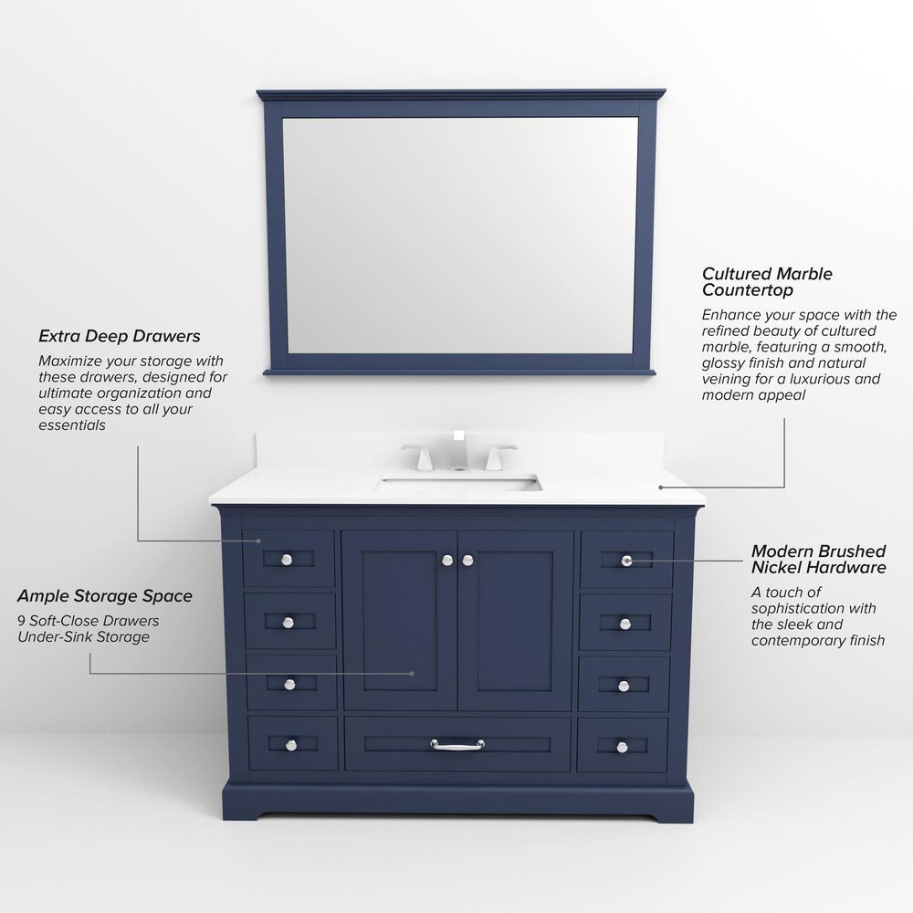 Lexora Home Dukes 48" Single Bathroom Vanity in Navy Blue with 2 cm White Cultured Marble Top and Rectangular Sink, , large