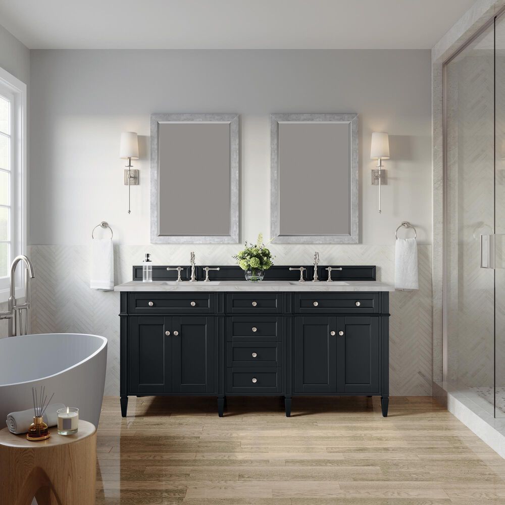 James Martin Vanities Brittany 72&quot; Double Bathroom Vanity in Black Onyx with 3 cm Victorian Silver Quartz Top and Rectangular Sinks, , large