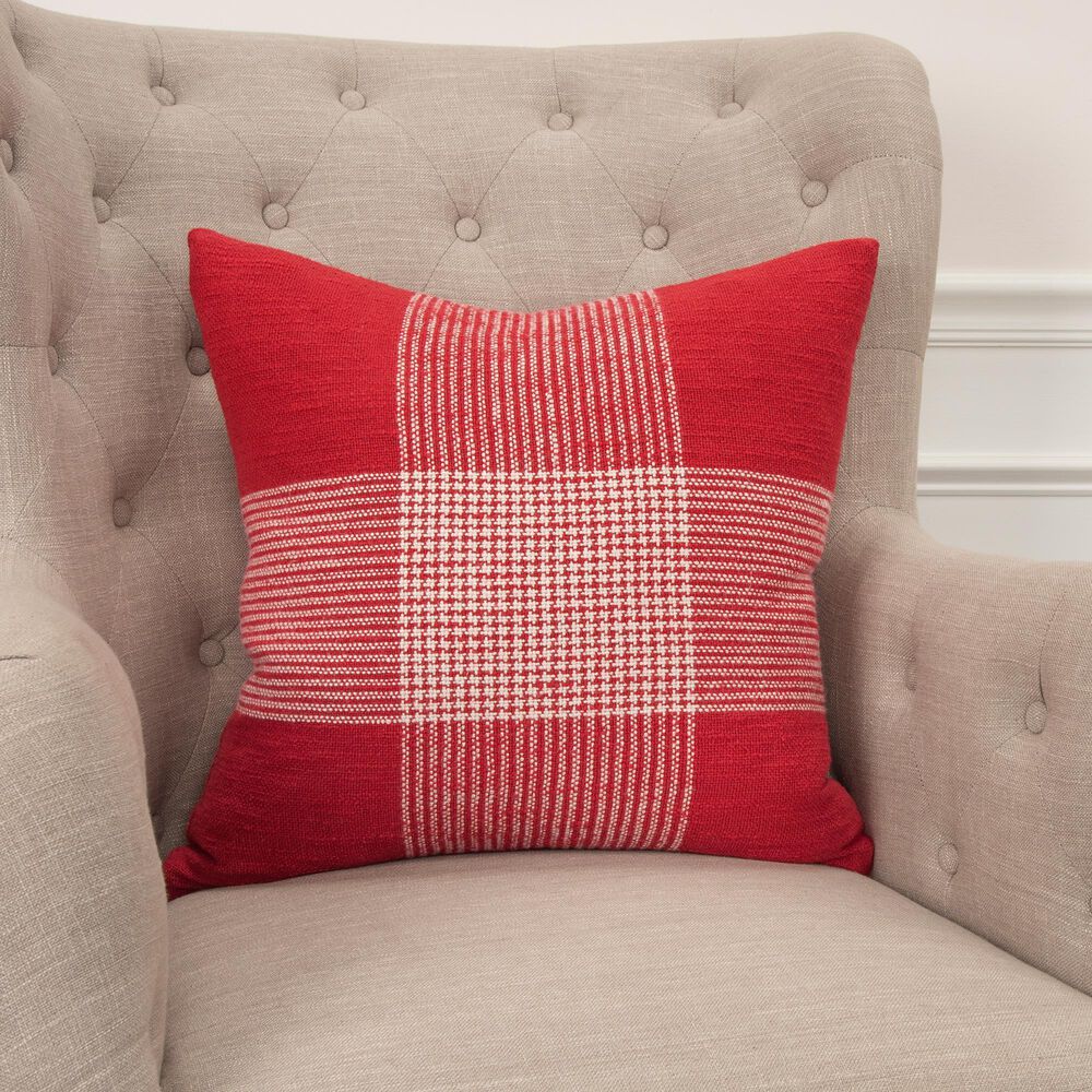 Rizzy Home Plaid 20&quot; Poly Filled Pillow in Red/White, , large