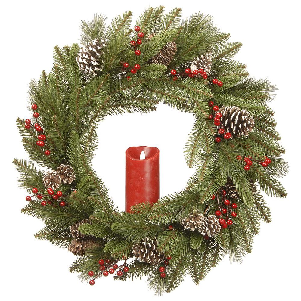 National Tree 24" Bristle Berry Wreath with Single Candle, , large