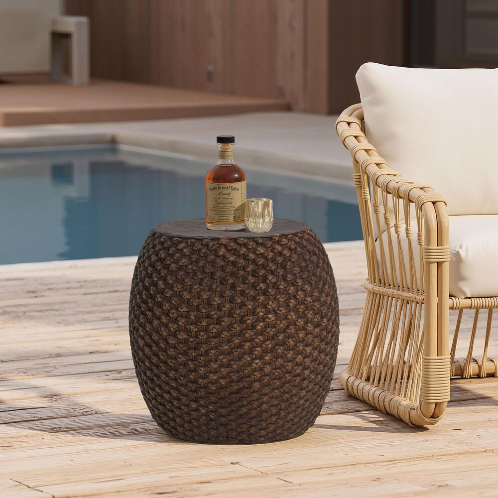 Hearth and Haven Outdoor Faux Rattan Side Table with Basket Weave Pattern in Brown, , large