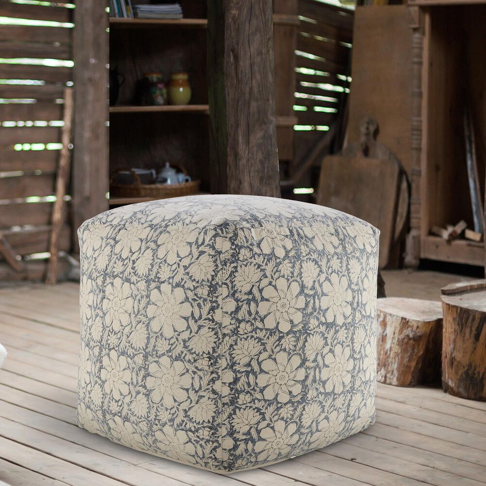 LR Home 20" Square Floral Pouf in Blue and Beige, , large