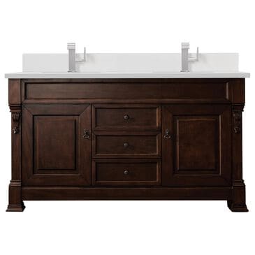 James Martin Vanities Brookfield 60" Double Bathroom Vanity in Burnished Mahogany with Single Hole 3 cm White Zeus Quartz Top and Rectangular Sinks, , large