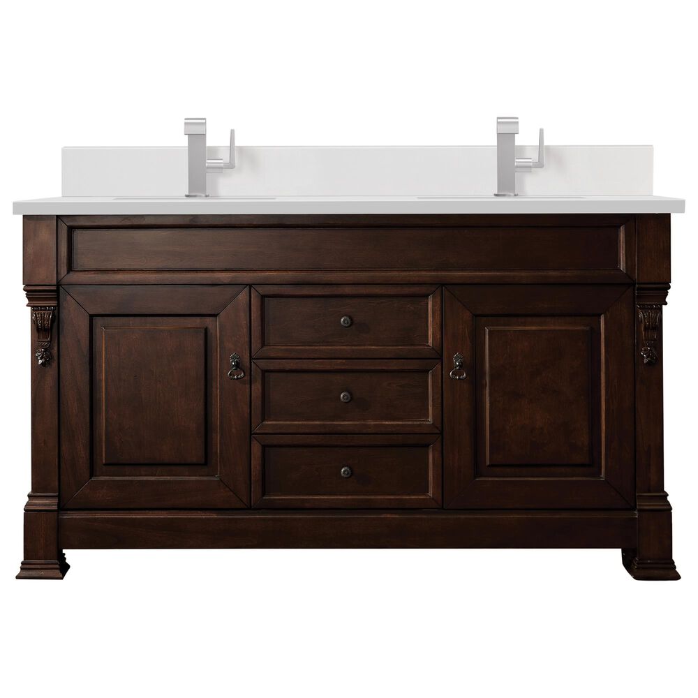 James Martin Vanities Brookfield 60" Double Bathroom Vanity in Burnished Mahogany with Single Hole 3 cm White Zeus Quartz Top and Rectangular Sinks, , large