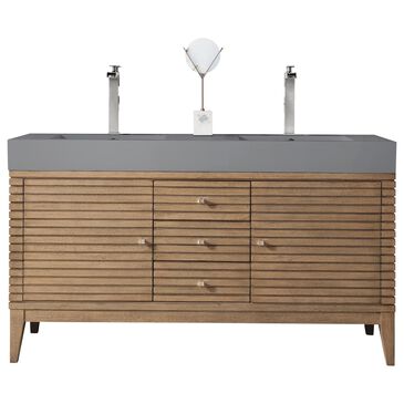 James Martin Linear 59" Double Bathroom Vanity in Whitewashed Walnut with 15 cm Dark Gray Solid Surface Top and Rectangular Sinks, , large