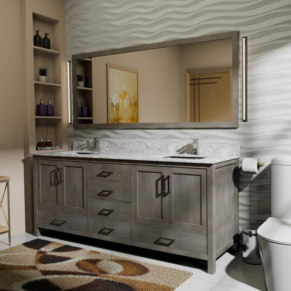 Lexora Home Jacques 72&quot; Double Bathroom Vanity in Distressed Grey with 2 cm White Carrara Marble Top and Rectangular Sinks, , large