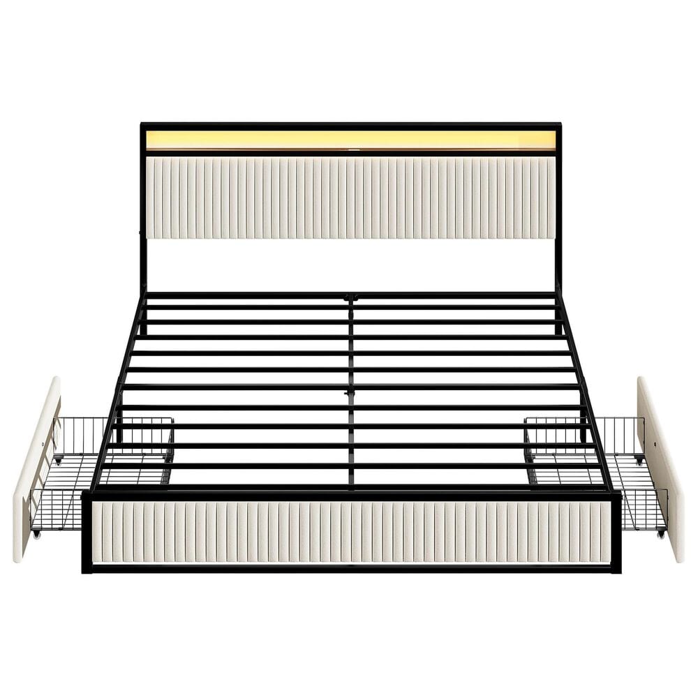 HOMLUX King 2-Drawer  Storage Bed with LED Headboard and USB Ports in Beige, , large